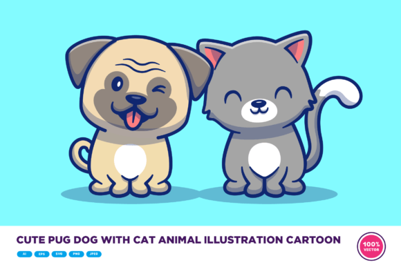 Download Cute Pug Dog and Cat Animal Illustration - Animal illustration Collection