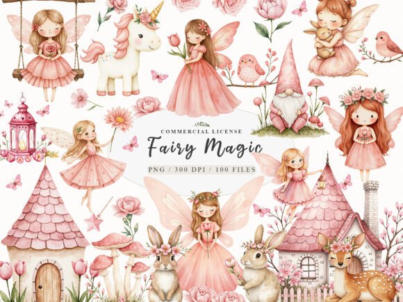 Download Watercolor Magical Garden Pink Fairies - Magical Collection