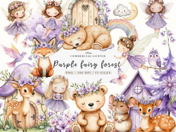 Download Watercolor Magical Garden Purple Fairies - Magical Collection