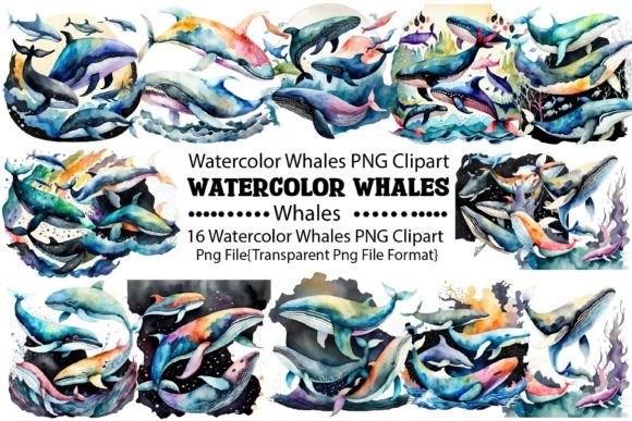 Download Watercolor Whales PNG Bundle - Whale Collection